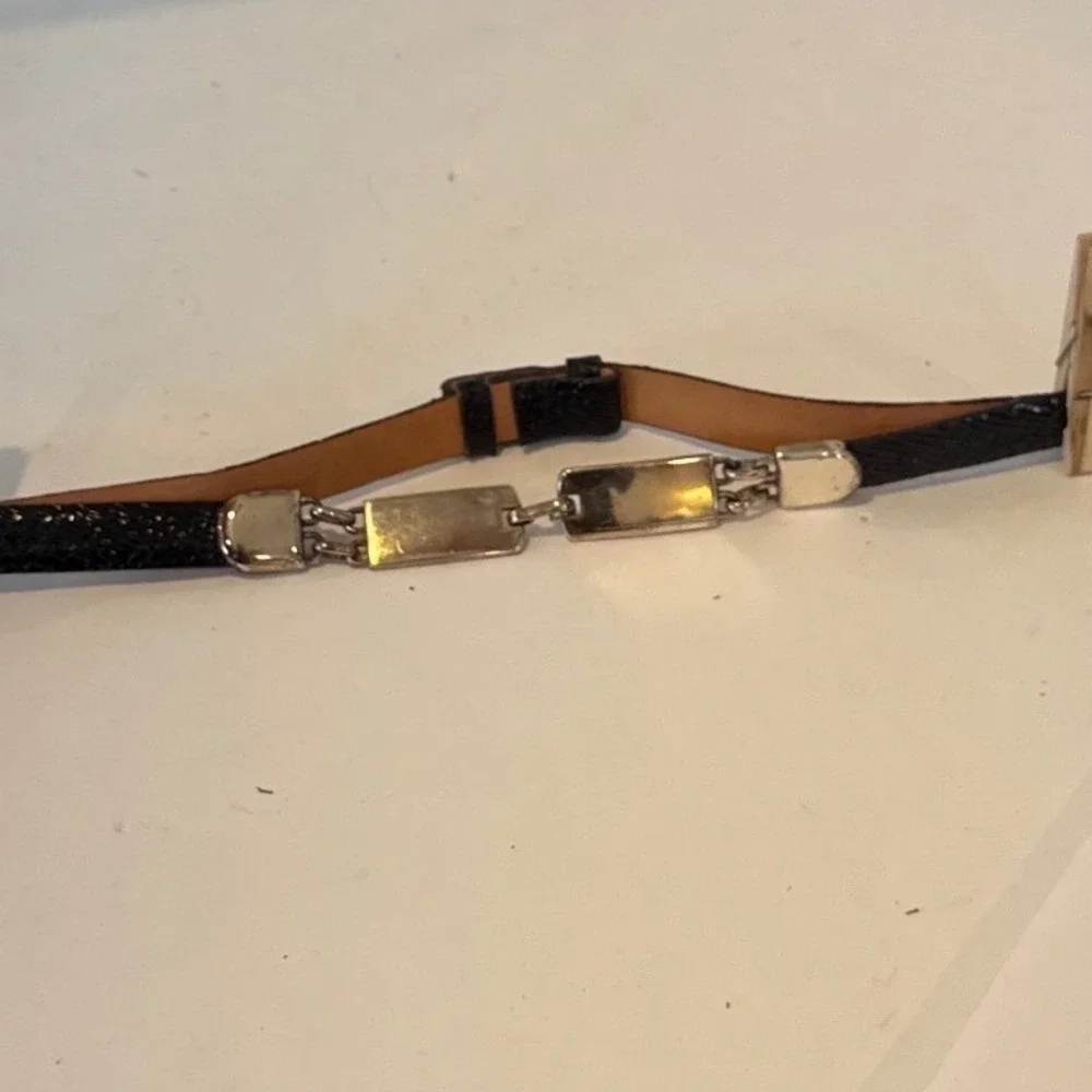 Annabella by Andrea Rose Black Leather Lizard Embossed Skinny Belt Silver 8407